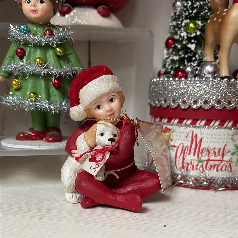 Holiday Figurine with Child and Dog in Red Outfit